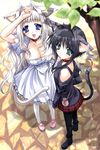  absurdres animal_ears black_hair blue_eyes breasts cleavage copyright_request green_eyes highres large_breasts multiple_girls pantyhose ryuuga_shou tail white_hair 