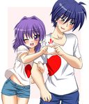  1girl arm_hug bad_id bad_pixiv_id blue_hair blush clannad denim denim_shorts fujibayashi_kyou heart heart_hands heart_hands_duo jeans okazaki_tomoya one_eye_closed pants purple_eyes purple_hair short_hair shorts spoilers tenkawa 