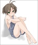  ahoge aka_ume barefoot denim feet green_eyes legs lowres original overalls panties pantyshot solo tears underwear 