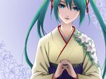  aqua_hair bad_id bad_pixiv_id blue_eyes chimachi floral_print hatsune_miku japanese_clothes kimono long_hair solo twintails vocaloid 