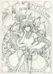  art_nouveau beige bow closed_umbrella crossed_legs dress elbow_gloves flower frills gloves hair_bow hand_on_own_face hat long_hair mishima_hiroji monochrome multiple_girls ofuda parasol ribbon short_hair sitting smile touhou umbrella very_long_hair yakumo_ran yakumo_yukari 