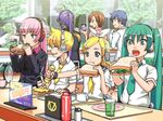  5girls aqua_hair eating eggplant food gahaku green_hair gumi hatsune_miku kagamine_len kagamine_rin kaito kamui_gakupo megurine_luka meiko multiple_boys multiple_girls mustard octopus sandwich school_uniform spring_onion vocaloid 