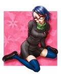  blue_eyes blue_hair genderswap genderswap_(mtf) glasses hair_ornament hairclip kida_sukizou kneeling persona persona_3 shirato_jin short_hair skirt solo thighhighs zettai_ryouiki 