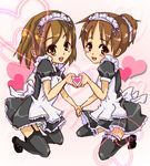  apron blush brown_eyes brown_hair garter_belt hair_ornament hair_ribbon hairclip heart heart_hands heart_hands_duo highres hirasawa_ui hirasawa_yui holding_hands k-on! maid maid_headdress multiple_girls open_mouth panties ponytail ribbon short_hair siblings sisters smile thighhighs underwear yukimococo 