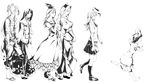  animal_ears barefoot bow braid bunny_ears dress everyone fujiwara_no_mokou full_body greyscale hair_bow hands_in_pockets hat highres houraisan_kaguya inaba_tewi kamishirasawa_keine loafers long_hair long_skirt long_sleeves looking_at_another monochrome multiple_girls nurse_cap outstretched_arms pants pleated_skirt puffy_short_sleeves puffy_sleeves reisen_udongein_inaba running sandals shoes short_sleeves simple_background skirt smile socks sousou_(sousouworks) spread_arms suspenders sweatdrop touhou very_long_hair walking yagokoro_eirin 