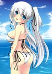  :o ass bikini blue_eyes blush breasts butt_crack day front-tie_top hair_ribbon large_breasts long_hair looking_at_viewer looking_back mabinogi nao_(mabinogi) ocean ribbon shadow side-tie_bikini solo swimsuit twintails umitsubame underboob water white_hair 