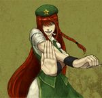  bad_id bad_pixiv_id bone braid fighting_stance foreshortening green_eyes hair_over_one_eye hands hat hong_meiling kobuushi long_hair mouth_hold red_hair sleeves_rolled_up solo touhou very_long_hair wristband x_arms 