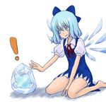  +_+ 1girl barefoot blue_eyes blue_hair cirno frog ice lowres short_hair solo touhou wings yamayama3246 