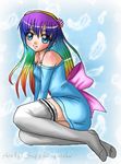  aqua_eyes arm_support artist_name back_bow bangs bare_shoulders blue_dress blush bow dress feathers flower full_body gradient_hair hair_flower hair_ornament hairband jewelry kiwi_koneko large_bow long_hair looking_at_viewer multicolored_hair necklace no_shoes off-shoulder_dress off_shoulder original pink_bow pink_flower rainbow_gradient rainbow_hair sapphireyuriko shiny shiny_hair smile solo star star_necklace thighhighs white_legwear yellow_hairband 