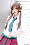  brown_hair chamaro cosplay evangelion:_2.0_you_can_(not)_advance glasses hairband highres long_hair makinami_mari_illustrious necktie neon_genesis_evangelion photo plaid plaid_skirt rebuild_of_evangelion school_uniform skirt solo twintails 