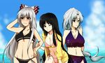  bikini black_hair blush breasts cleavage day fujiwara_no_mokou houraisan_kaguya ifuji_sakura large_breasts long_hair midriff multiple_girls one_eye_closed shirt silver_hair swimsuit touhou underboob yagokoro_eirin 