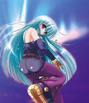  ass blue_hair blush breasts c.r. detached_sleeves kula_diamond large_breasts long_hair red_eyes solo the_king_of_fighters thighhighs 