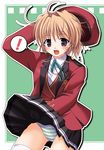  1girl blazer brown_eyes brown_hair fortune_arterial funa jacket panties pantyshot school_uniform solo striped striped_panties thighhighs underwear upskirt wind wind_lift yuuki_kanade 