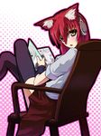  animal_ears bad_id bad_pixiv_id blush cat_ears caught censored chair crossed_legs din_(flypaper) halftone halftone_background headphones long_hair mosaic_censoring open_mouth original red_hair sitting skirt solo surprised thighhighs wristband yellow_eyes zettai_ryouiki 