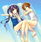  bad_id bad_pixiv_id barefoot black_hair brown_eyes brown_hair digital_media_player earphones feet flat_chest hirasawa_ui inflatable_raft ipod k-on! long_legs lying mitsu_king multiple_girls nakano_azusa one-piece_swimsuit school_swimsuit short_hair swimsuit twintails white_school_swimsuit white_swimsuit 