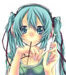  1girl aqua_hair bad_id bad_pixiv_id blue_eyes food hair_ribbon hatsune_miku headphones long_hair mikono_myakura mouth_hold pen pocky ribbon solo staring themed_object twintails upper_body vocaloid 