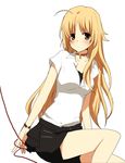  428 ahoge blonde_hair blouse blush bracelet brown_eyes canaan choker jewelry kurot long_hair oosawa_maria red_string shorts simple_background sitting solo string thread 