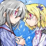  blonde_hair blue_background eye_contact from_side hime_(suguri) hoge holding_hands looking_at_another multiple_girls pink_eyes profile shihou_masa short_hair silver_hair simple_background suguri suguri_(character) upper_body 