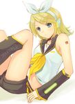  armpits blonde_hair blue_eyes detached_sleeves hair_ornament hair_ribbon hairclip hijiri_ruka kagamine_rin midriff ribbon sailor_collar short_hair shorts solo vocaloid 