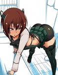  1girl admiral_(kantai_collection) arched_back arm_support bad_id bad_twitter_id bangs bent_over bike_shorts breasts brown_eyes brown_hair hair_between_eyes headgear kantai_collection looking_back muneate nac000 pleated_skirt presenting shiny shiny_skin short_hair shorts shorts_under_skirt skirt small_breasts solo_focus taihou_(kantai_collection) thighhighs tsurime 