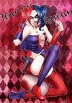  batman_(series) blue_hair breasts character_name cleavage corset dc_comics female gun hammer harlequin_(pattern) harley_quinn lipstick makeup medium_breasts multicolored_hair nail_polish shoes solo thighhighs twintails weapon 