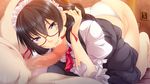  1girl adjusting_hair barefoot black_hair blue_eyes butcha-u censored eroquis feet game_cg glasses highres kneeling legs long_hair looking_down lune maid maid_headdress panties penis revenge_room sitting smile tanaka_shouta thighs toes underwear 