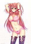  akashi_(kantai_collection) arms_up blush bra breasts cleavage contrapposto green_eyes hair_ribbon ichiban_renga kantai_collection large_breasts long_hair navel panties pink_bra pink_hair pink_panties ribbon ribbon-trimmed_legwear ribbon_trim simple_background solo standing thighhighs underwear underwear_only wavy_mouth 