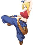  1girl abs arm_up armpits ass belt blonde_hair blue_eyes blue_mary bob_cut boots breasts bust collarbone crop_top dumbbell erect_nipples exercise fatal_fury female fingerless_gloves gloves halter_top halterneck highres hips king_of_fighters king_of_fighters_xi knees large_breasts leg_up legs midriff multiple_belts muscle navel nose open_mouth outstretched_arms pants short_hair skin_tight smile snk solo tank_top yaman_(yamanta_lov) 