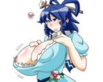  1girl areola_slip areolae blue_eyes blue_hair breast_suppress breasts cleavage dress female genha5 gigantic_breasts hair_ornament kaku_seiga long_hair open_mouth puffy_nipples simple_background solo standing touhou upper_body white_background 