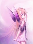  arms_behind_back ayakashi_onmyouroku bare_shoulders dress ecien expressionless fairy fairy_wings flower hair_flower hair_ornament hands_together long_hair looking_back open_mouth orange_hair purple purple_eyes purple_wings simple_background solo titania_(ayakashi_onmyouroku) white_dress wings 