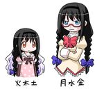  akemi_homura akemi_homura_(cosplay) black_hair braid cosplay crossed_arms dress expressionless hairband hohetomaru juliet_sleeves long_hair long_sleeves lowres magical_girl mahou_shoujo_madoka_magica mahou_shoujo_madoka_magica_movie miki_sayaka mitakihara_school_uniform momoe_nagisa multiple_girls polka_dot polka_dot_dress puffy_sleeves sailor_dress school_uniform translated twin_braids upper_body white_background white_hair wig 