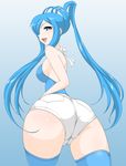  1girl aoki_hagane_no_arpeggio ass back bare_shoulders blue_eyes blue_hair breasts come_hither denim denim_shorts from_behind from_below hair_over_one_eye huge_ass long_hair looking_at_viewer looking_back medium_breasts meea mole naughty_face open_mouth ponytail seductive_smile short_shorts shorts sideboob smile solo takao_(aoki_hagane_no_arpeggio) thighhighs tongue very_long_hair 