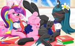  blush book changeling duo equine eyes_closed female friendship_is_magic fur hair hi_res high_school horn horse lesbian lolmaster long_hair mammal multi-colored_hair my_little_pony open_mouth pencil pink_eyes pink_fur pony ponytail princess_cadance_(mlp) pussy pussy_juice queen_chrysalis_(mlp) royalty ruler tongue tongue_out tribadism unicorn winged_unicorn wings 