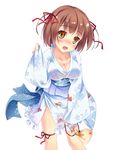  blush breasts brown_hair highres japanese_clothes kimono medium_breasts open_mouth sekine_irie short_hair smile solo white_background yellow_eyes 