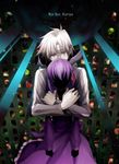  1girl dress fate/zero fate_(series) grey_skin hug hug_from_behind matou_kariya matou_sakura nacchi purple_hair white_hair 