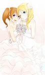  ayase_eli bare_shoulders blonde_hair blue_eyes blush bouquet breasts bridal_veil bride dress earrings elbow_gloves flower gloves jewelry kousaka_honoka looking_at_viewer love_live! love_live!_school_idol_project medium_breasts michigan multiple_girls orange_hair ponytail short_hair side_ponytail smile veil wedding_dress wife_and_wife yuri 