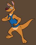  4_fingers anthro biceps black_eyes bottomless brown_background brown_body brown_fur camcartoonfanatic clothing crocpond dex fists fur kangaroo male mammal marsupial open_mouth plain_background red_nose shirt smile solo standing tan_belly tan_fur tank_top toned tongue 