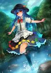  blue_hair blue_sky boots bow breasts cloud cross-laced_footwear day dutch_angle food forest fruit hat highres hinanawi_tenshi leg_up long_hair looking_at_viewer luco_san medium_breasts nature outdoors outstretched_arms peach pond puffy_short_sleeves puffy_sleeves red_eyes rock sash shirt short_sleeves skirt sky solo splashing standing standing_on_one_leg touhou tree very_long_hair wading 