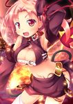  blush breasts cleavage collar fang fire large_breasts looking_at_viewer midriff navel open_mouth pink_eyes pink_hair sekine_irie smile solo 
