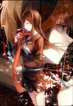  1girl brown_hair hair_ornament hairclip kagerou_project kisaragi_shintarou long_hair petals red_scarf scarf school_uniform scissors serafuku short_hair tateyama_ayano vhumiku 