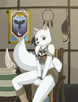  armband black_markings bracelet breasts brown_eyes canine clothed clothing cover english_text feathers female fur hi_res iuana jewelry kurapika looking_at_viewer mammal markings necklace raven_wolf sitting small_breasts solo tassels text tribal white_fur wolf 