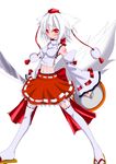  absurdres animal_ears bare_shoulders blush breasts geta hat highres inubashiri_momiji looking_at_viewer medium_breasts midriff navel red_eyes ribbon shield short_hair silver_hair simple_background solo sword tail tokin_hat touhou weapon white_background white_legwear wolf_ears wolf_tail ykakuno 