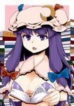  book bow bra breasts breasts_outside crescent crescent_hair_ornament hair_bow hair_ornament hat large_breasts open_mouth patchouli_knowledge purple_eyes purple_hair solo striped striped_bra touhou underwear zetsumame 