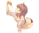  blue_eyes blush braid breasts brown_hair cheese_trail cleavage downblouse eating food half_updo holding holding_pizza long_hair original pizza short_shorts shorts simple_background slice_of_pizza small_breasts solo sweater white_background yoo_(tabi_no_shiori) 