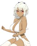  1girl breasts cleavage dark_elf dark_skin elf hime_eyebrows large_breasts pointy_ears red_eyes sideboob solo white_hair yaman_(yamanta_lov) 