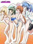  ;d aqua_eyes asumi_kana awa barefoot bikini bikini_skirt blonde_hair blue_hair blush breasts brown_eyes brown_hair copyright_name crossover ene_(kagerou_project) frilled_bikini frills full-face_blush green_hair hand_on_another's_shoulder hand_on_hip headphones ikkyuu_tensai kagerou_project kanojo_ga_flag_wo_oraretara large_breasts long_hair mole mole_under_eye multiple_girls nisekoi one_eye_closed open_mouth orange_eyes outline ponytail ryuugajou_nanana_no_maizoukin sarong season_connection seiyuu_connection shoukanji_kikuno smile striped striped_bikini striped_swimsuit swimsuit tachibana_marika thighhighs yellow_eyes 