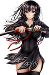  black_bullet black_hair black_legwear long_hair no_bra no_panties nonoririn school_uniform serafuku solo sword tendou_kisara thighhighs weapon 