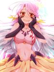  angel_wings bad_id bad_pixiv_id blush breasts drooling feathered_wings gloves halo hands_on_own_cheeks hands_on_own_face highres jibril_(no_game_no_life) large_breasts long_hair looking_at_viewer low_wings magic_circle midriff navel no_game_no_life orange_eyes pink_hair smile solo tsukihi wavy_mouth wings yandere_trance 