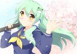  green_hair kochiya_hizuki kochiya_sanae long_hair petals seifuku touhou yellow_eyes 