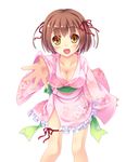  blush breasts brown_hair cleavage highres japanese_clothes kimono looking_at_viewer medium_breasts open_mouth sekine_irie short_hair smile solo white_background yellow_eyes 